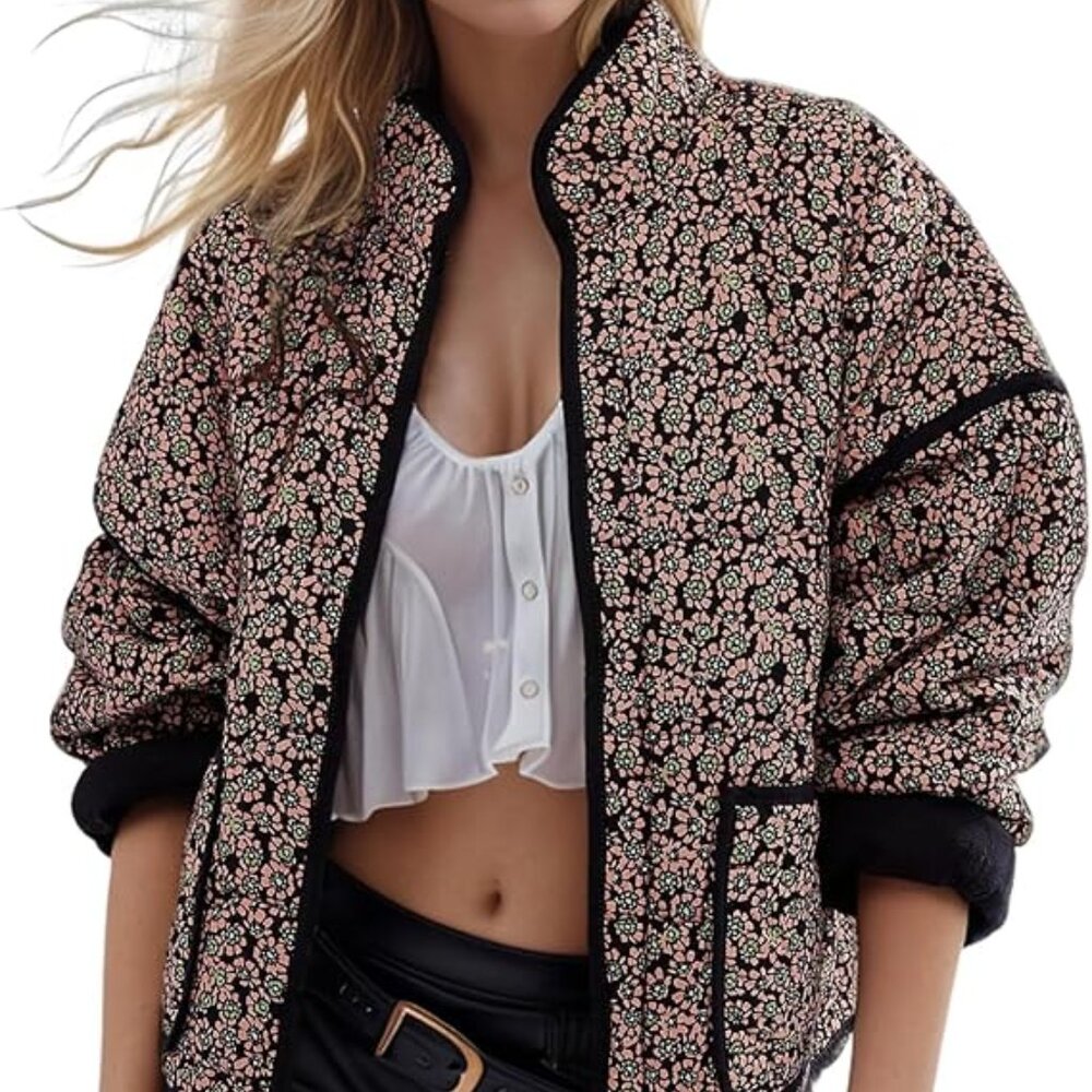 Women's Cropped Puffer Quilted Jacket Vintage Green Floral Print